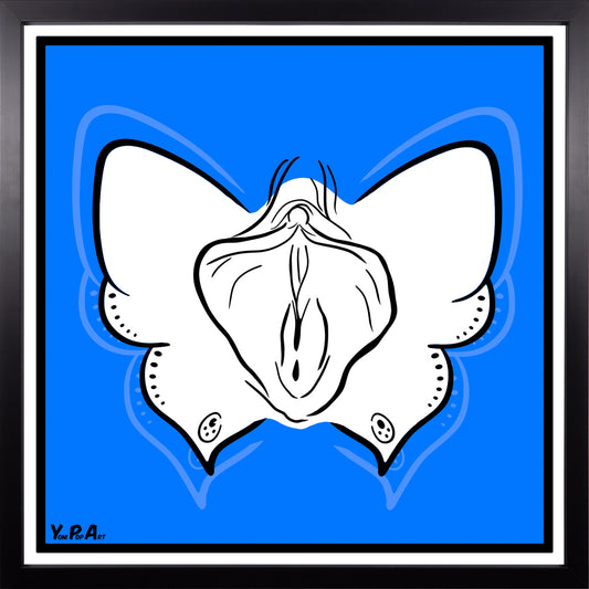 YoniPopArt "Butterfly on blue" inklusive Echtholz-Rahmen