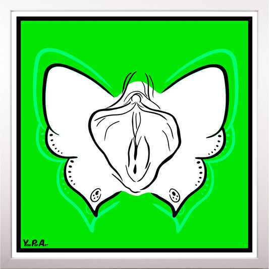 YoniPopArt "Butterfly on green" inklusive Echtholz-Rahmen