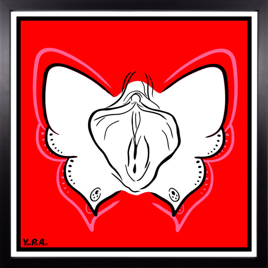 YoniPopArt "Butterfly on red" inklusive Echtholz-Rahmen