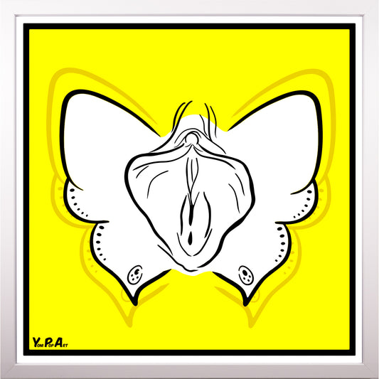 YoniPopArt "Butterfly on yellow" inklusive Echtholz-Rahmen