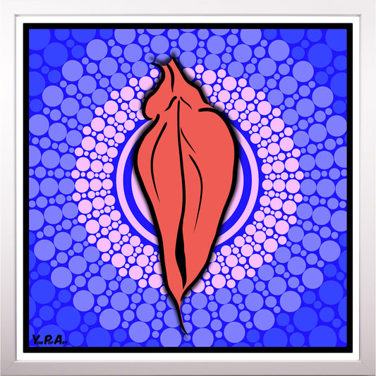 YoniPopArt "Pink flaps on blue points 3" inklusive Echtholz-Rahmen