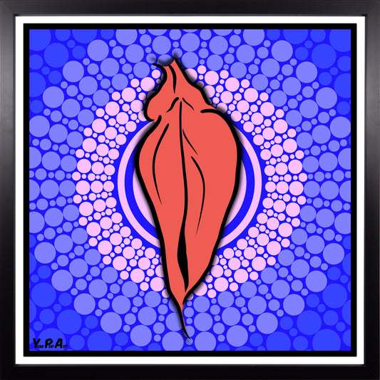 YoniPopArt "Pink flaps on blue points 3" inklusive Echtholz-Rahmen