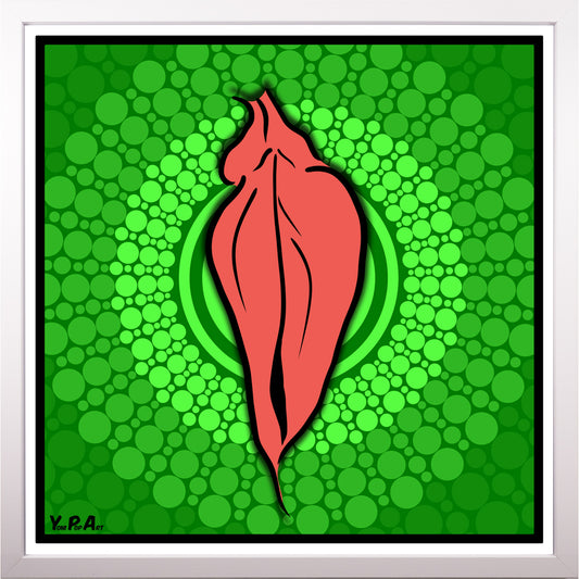 YoniPopArt "Pink flaps on green points 3" inklusive Echtholz-Rahmen