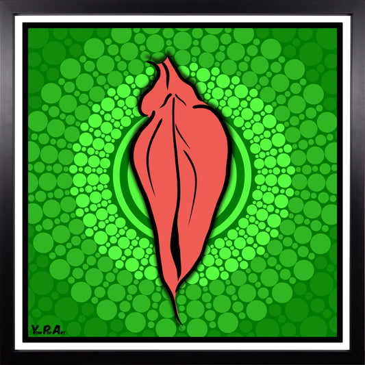 YoniPopArt "Pink flaps on green points 3" inklusive Echtholz-Rahmen