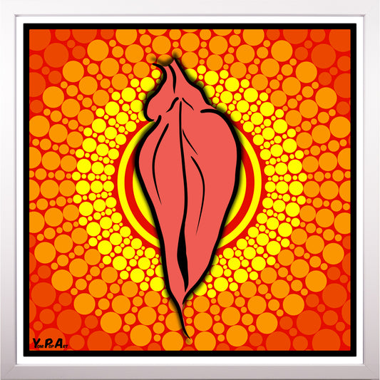 YoniPopArt "Pink flaps on orange points 3" inklusive Echtholz-Rahmen