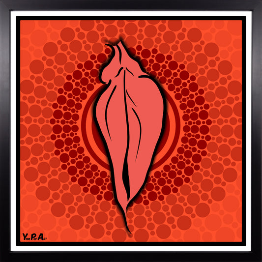 YoniPopArt "Pink flaps on red points 3" inklusive Echtholz-Rahmen