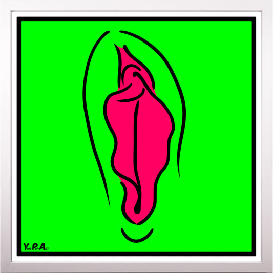 YoniPopArt "Pink on green" inklusive Echtholz-Rahmen