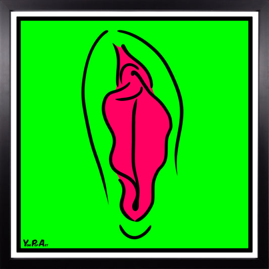 YoniPopArt "Pink on green" inklusive Echtholz-Rahmen