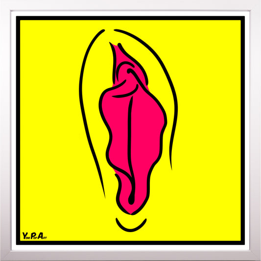 YoniPopArt "Pink on yellow" inklusive Echtholz-Rahmen