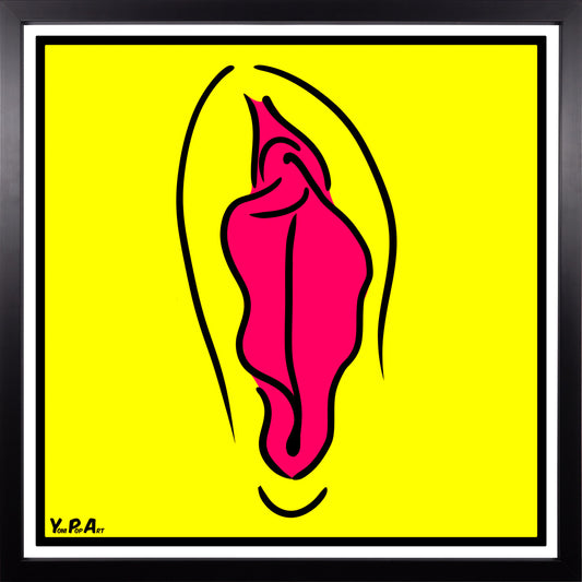 YoniPopArt "Pink on yellow" inklusive Echtholz-Rahmen