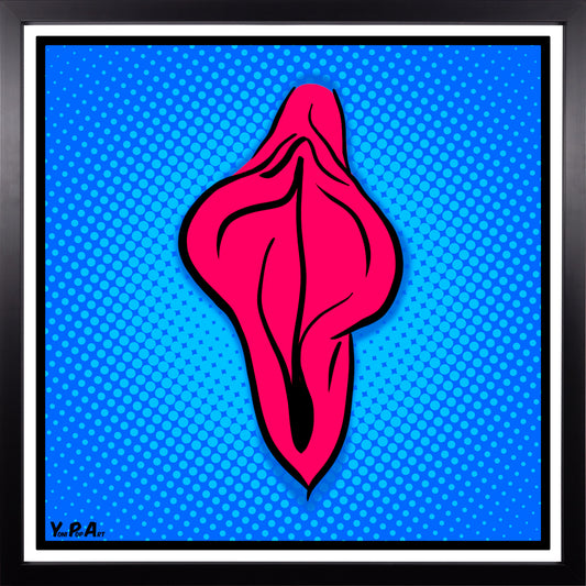 YoniPopArt "Pink flaps on blue points 2" inklusive Echtholz-Rahmen