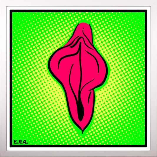 YoniPopArt "Pink flaps on green points 2" inklusive Echtholz-Rahmen