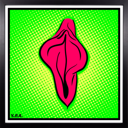 YoniPopArt "Pink flaps on green points 2" inklusive Echtholz-Rahmen