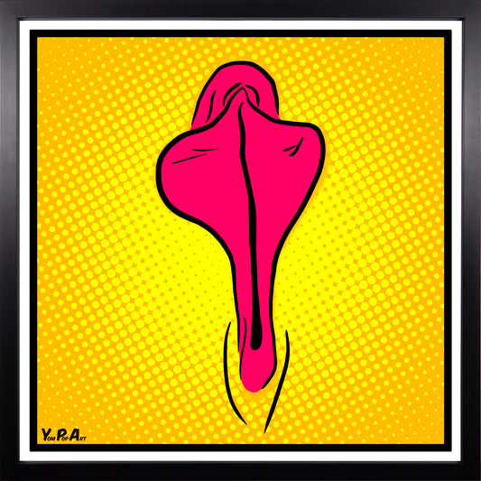 YoniPopArt "Pink flaps on yellow points" inklusive Echtholz-Rahmen