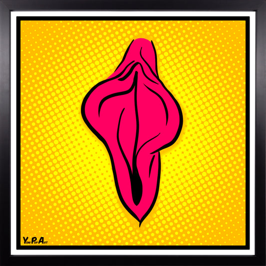 YoniPopArt "Pink flaps on yellow points 2" inklusive Echtholz-Rahmen