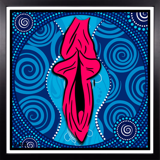 YoniPopArt "Swirling yoni on blue" inklusive Echtholz-Rahmen