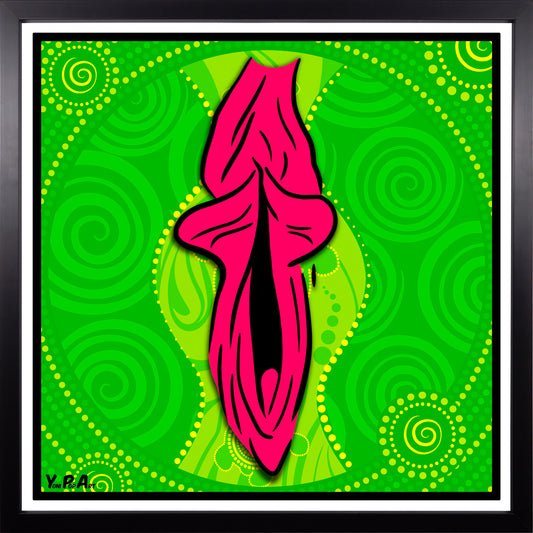 YoniPopArt "Swirling yoni on green" inklusive Echtholz-Rahmen