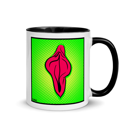 Tasse YoniPopArt "pink flaps on green points 2" mit farbiger Innenseite