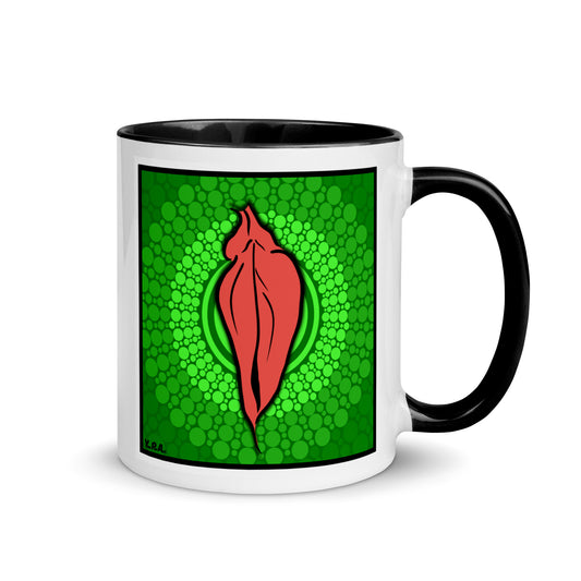 Tasse YoniPopArt "pink flaps on green points" mit farbiger Innenseite