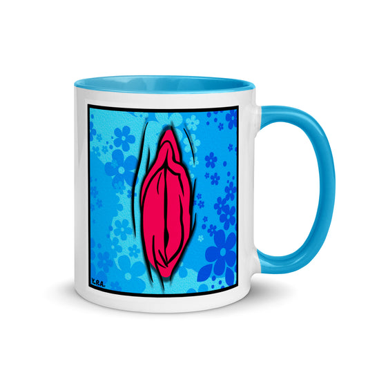 Tasse YoniPopArt "#4 on light blue flowers" mit farbiger Innenseite