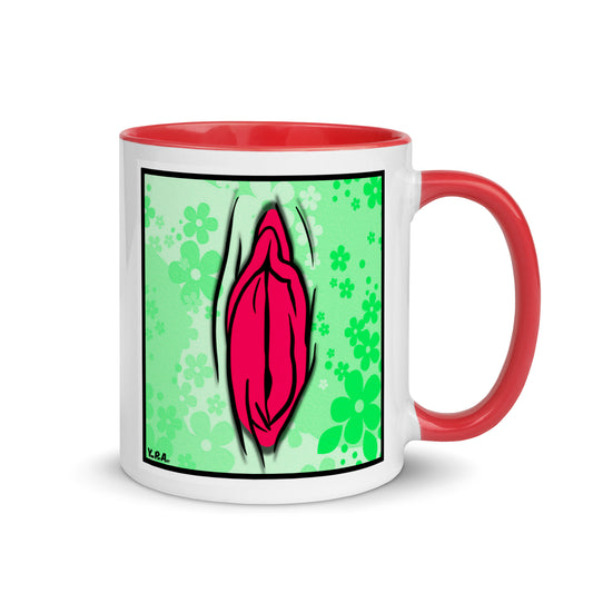 Tasse YoniPopArt "#4 on light green flowers" mit farbiger Innenseite