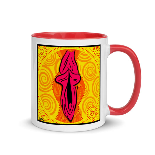 Tasse YoniPopArt "swirling yoni on yellow" mit farbiger Innenseite