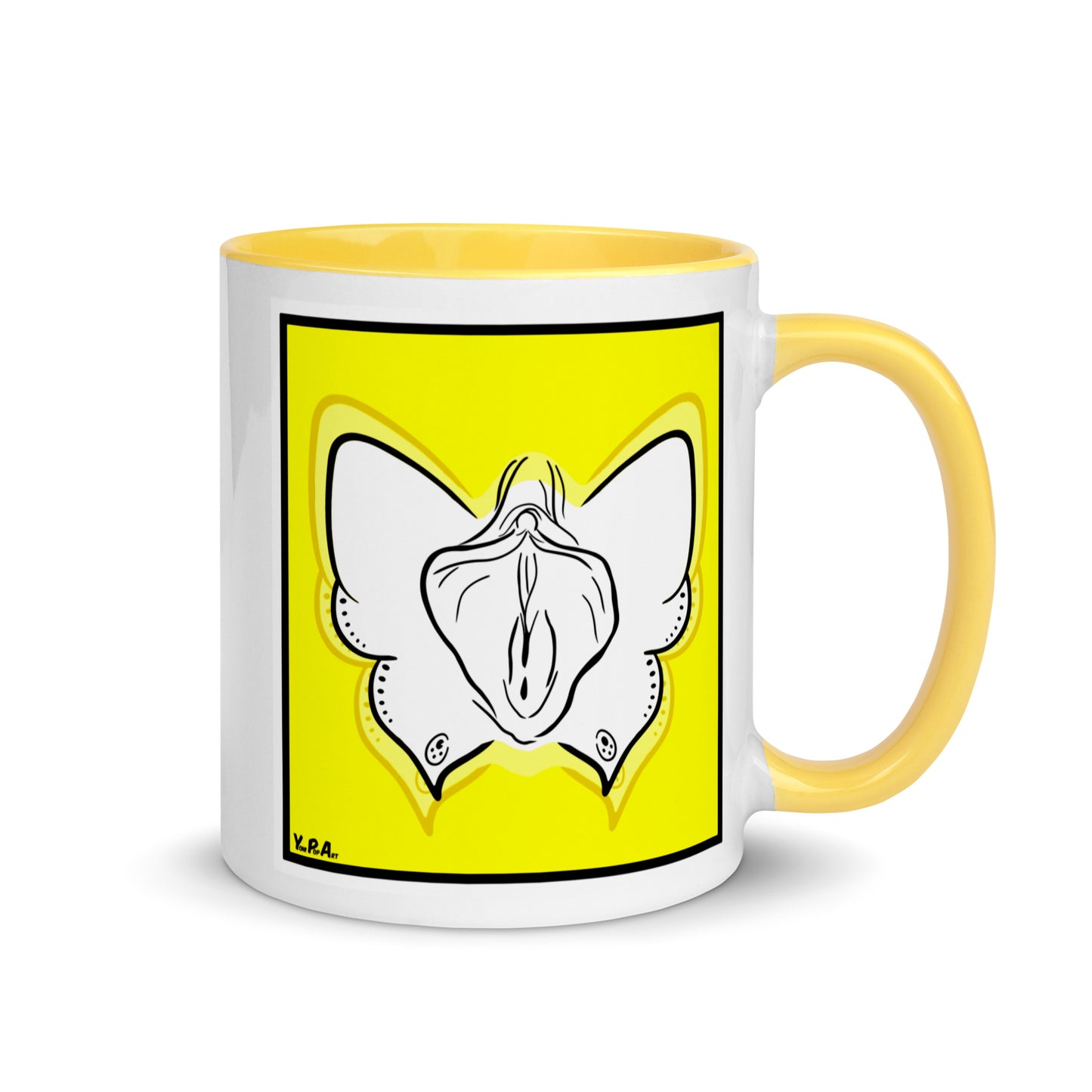Tasse YoniPopArt "#9 on yellow" mit farbiger Innenseite