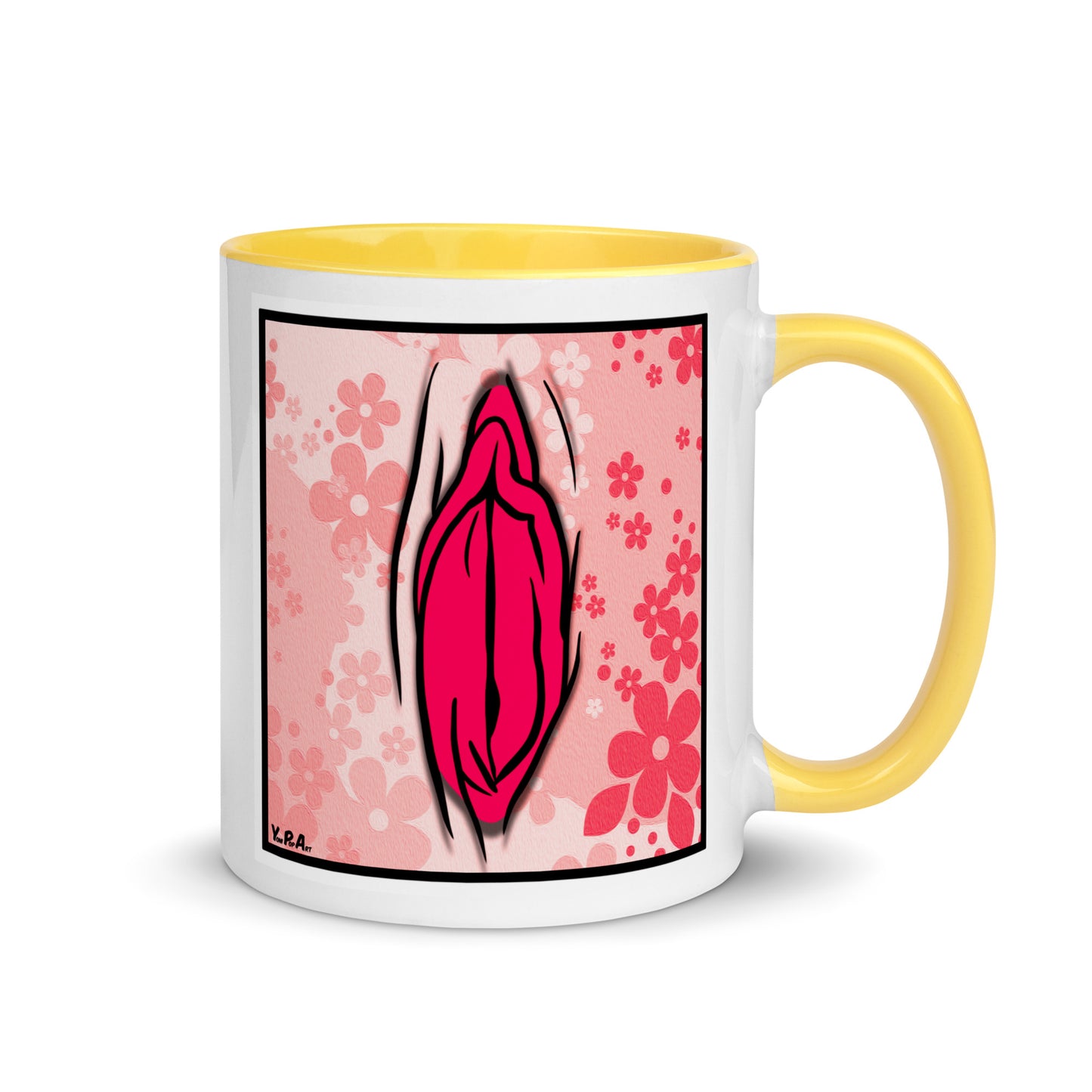 Tasse YoniPopArt "#4 on light red flowers" mit farbiger Innenseite