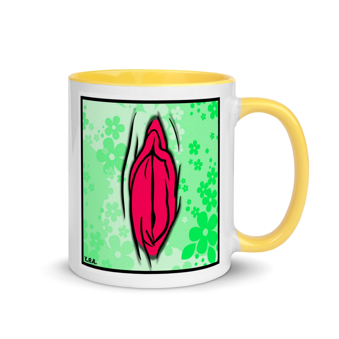 Tasse YoniPopArt "#4 on light green flowers" mit farbiger Innenseite