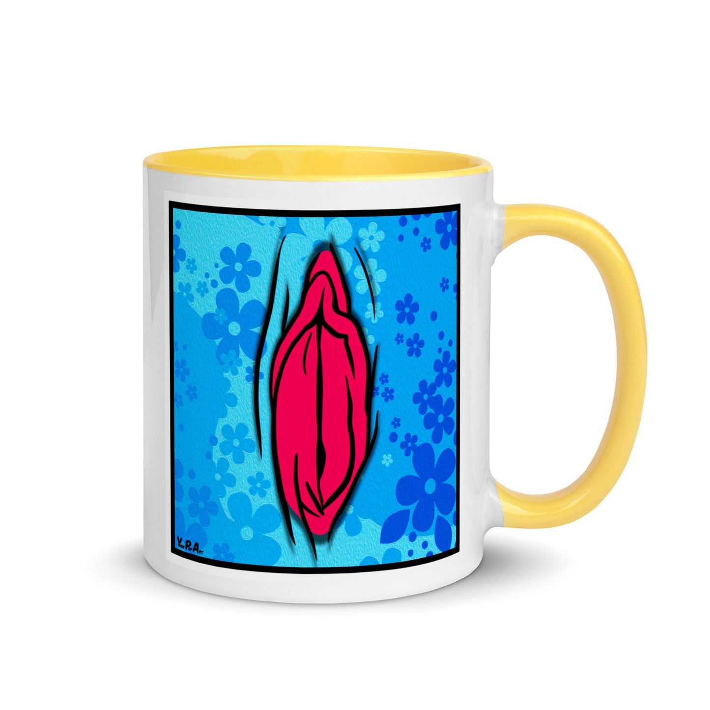 Tasse YoniPopArt "#4 on light blue flowers" mit farbiger Innenseite