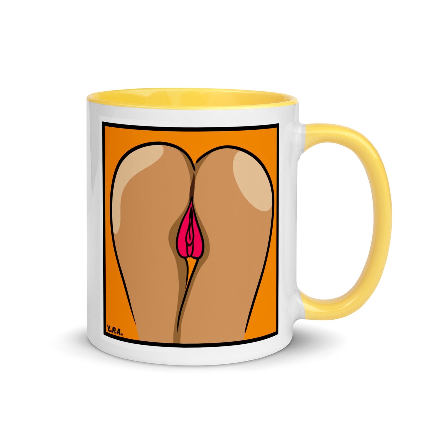 Tasse YoniPopArt "two lips backside on orange" mit farbiger Innenseite