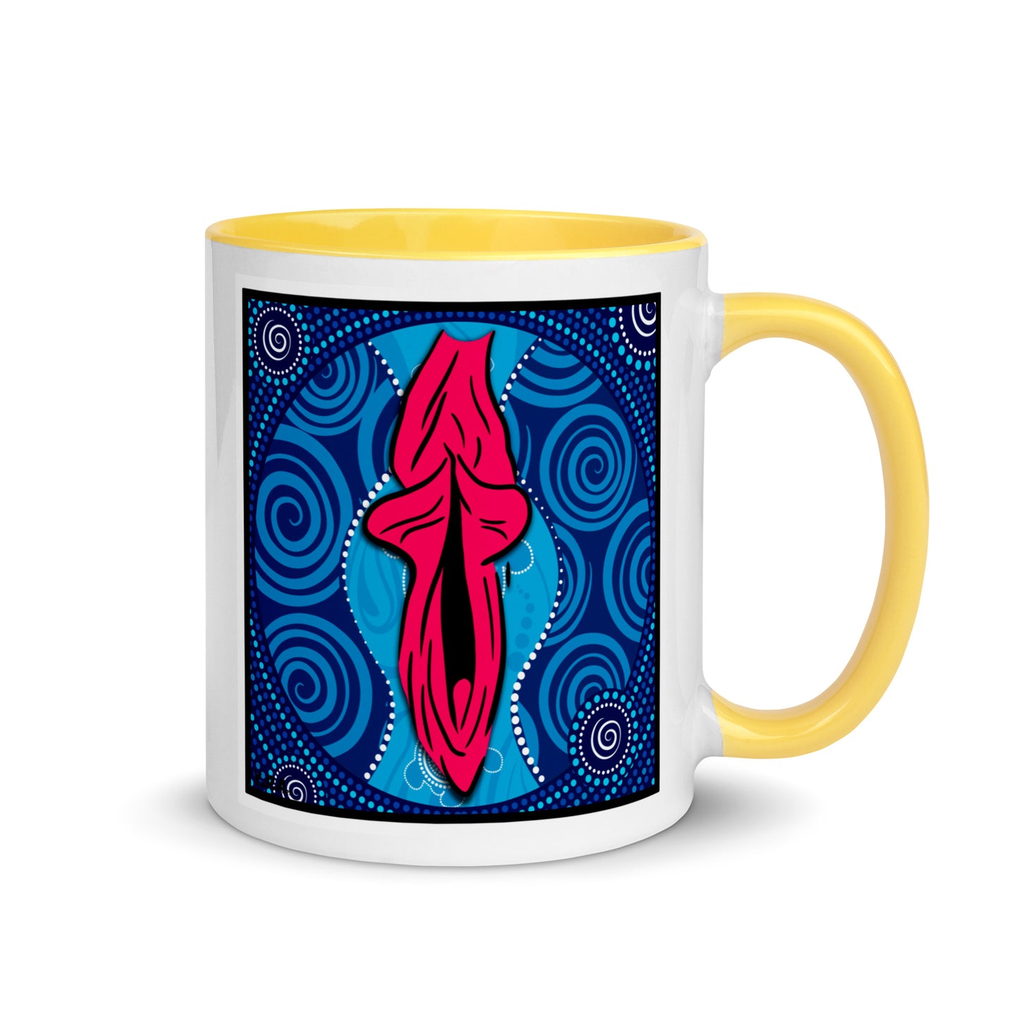 Tasse YoniPopArt "swirling yoni on blue" mit farbiger Innenseite
