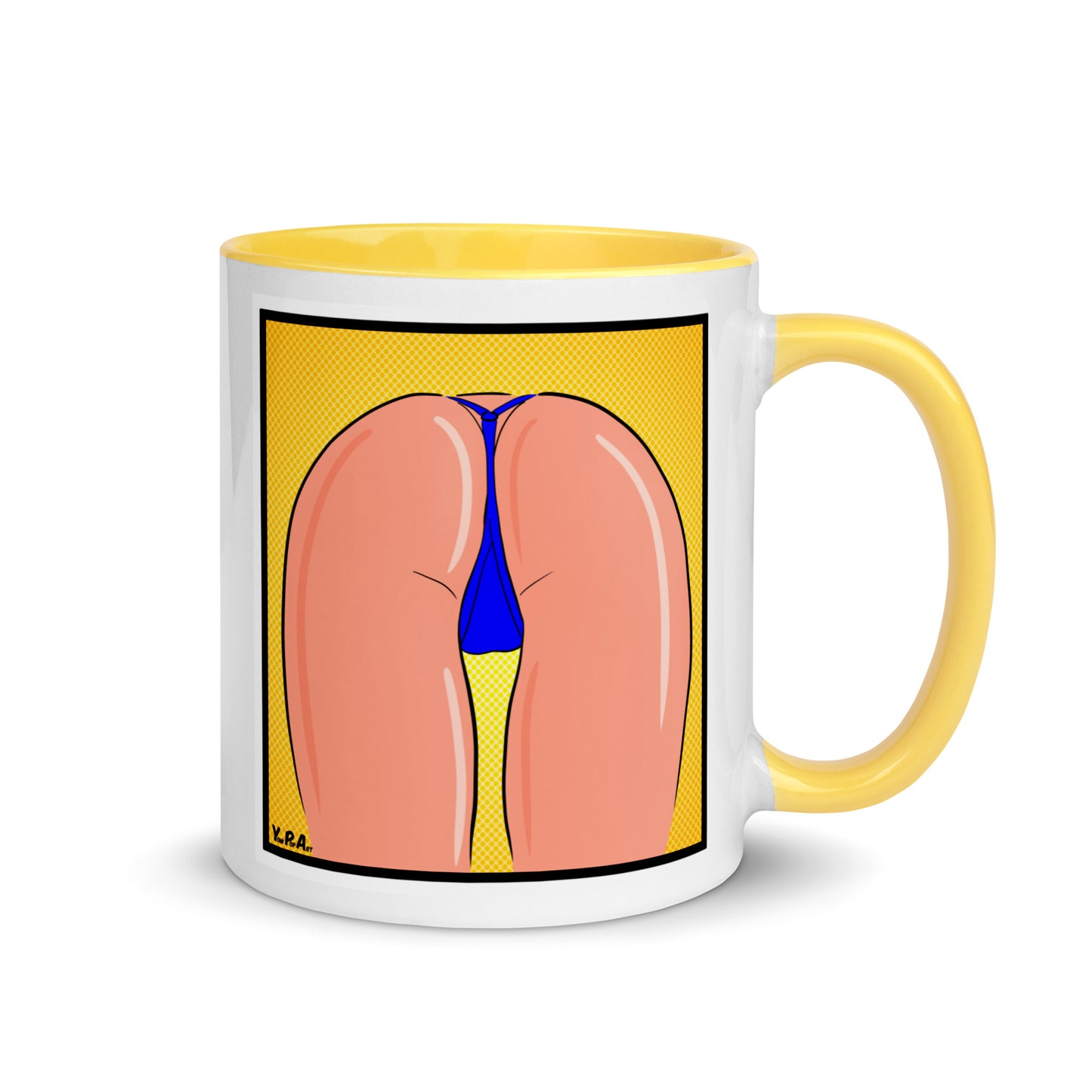 Tasse YoniPopArt "strip off blue" mit farbiger Innenseite