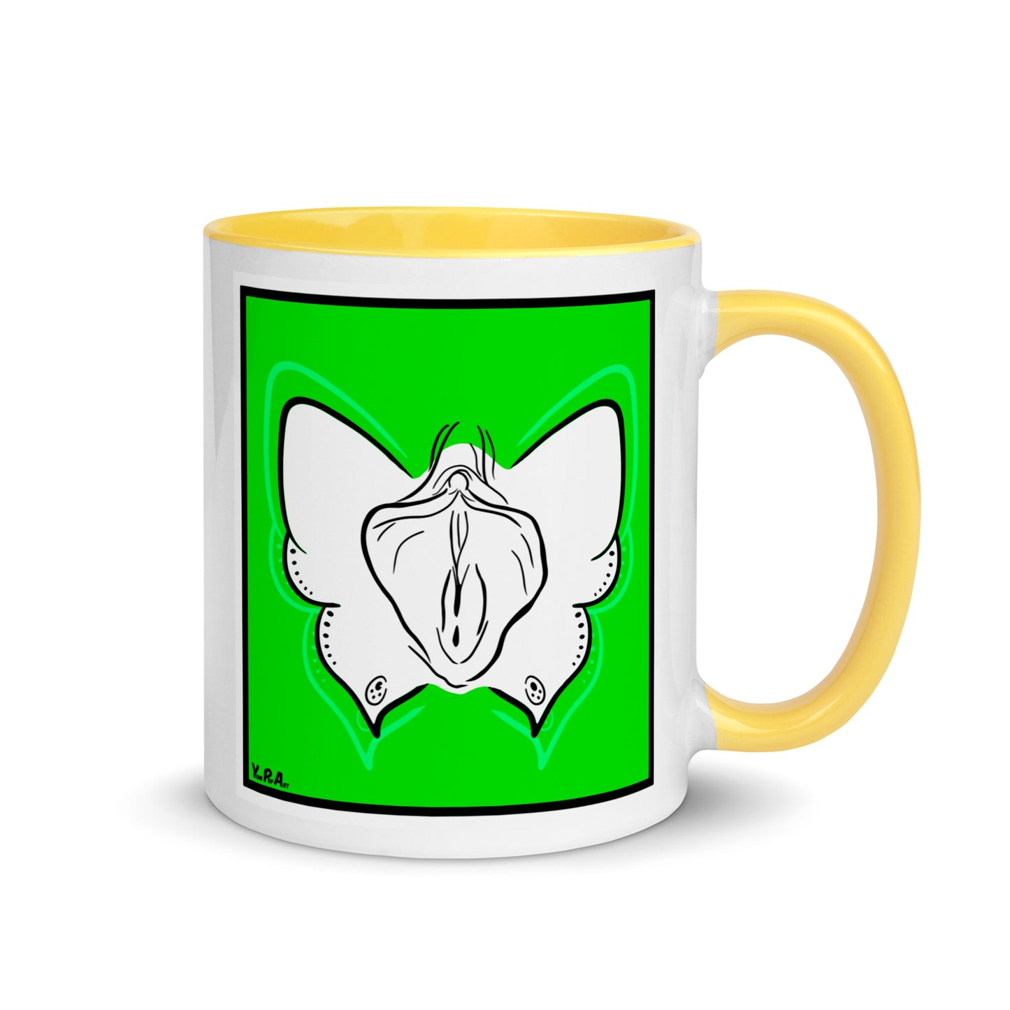 Tasse YoniPopArt "Butterfly on green" mit farbiger Innenseite