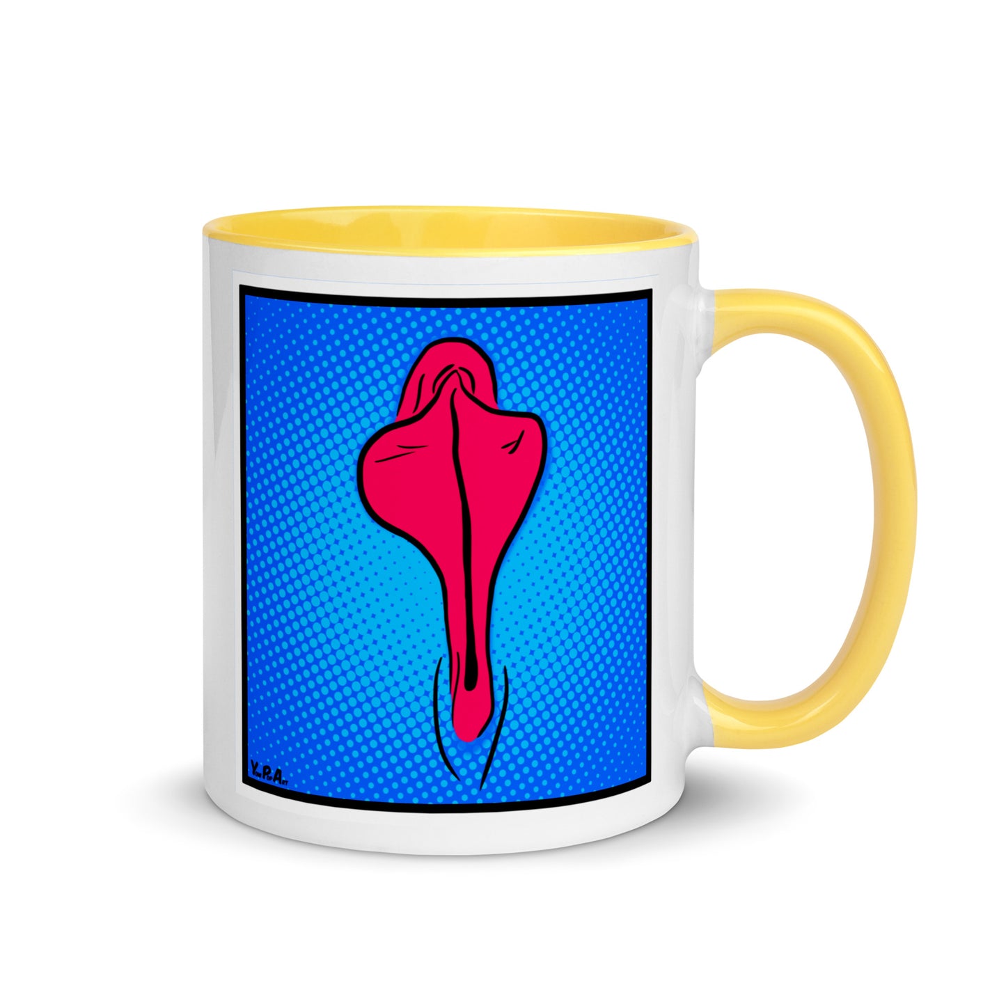 Tasse YoniPopArt "Pink flaps on blue points" mit farbiger Innenseite