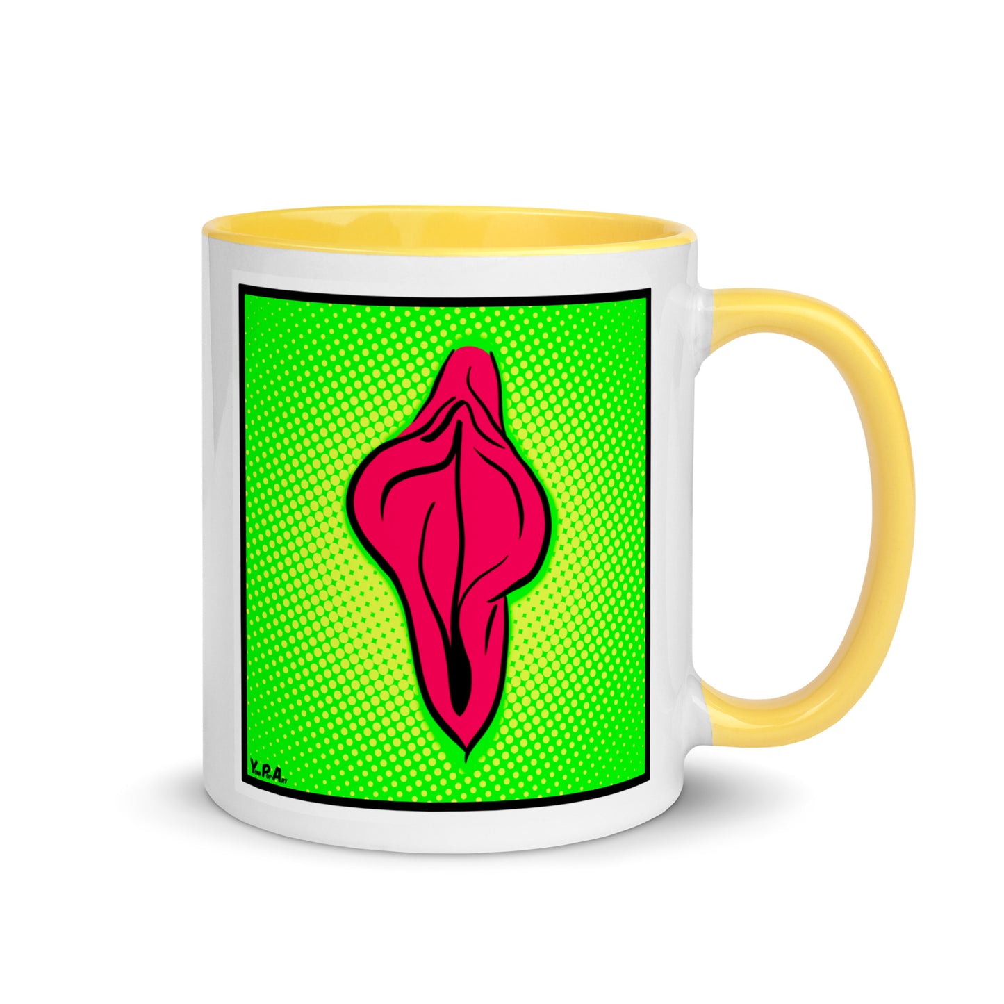 Tasse YoniPopArt "pink flaps on green points 2" mit farbiger Innenseite