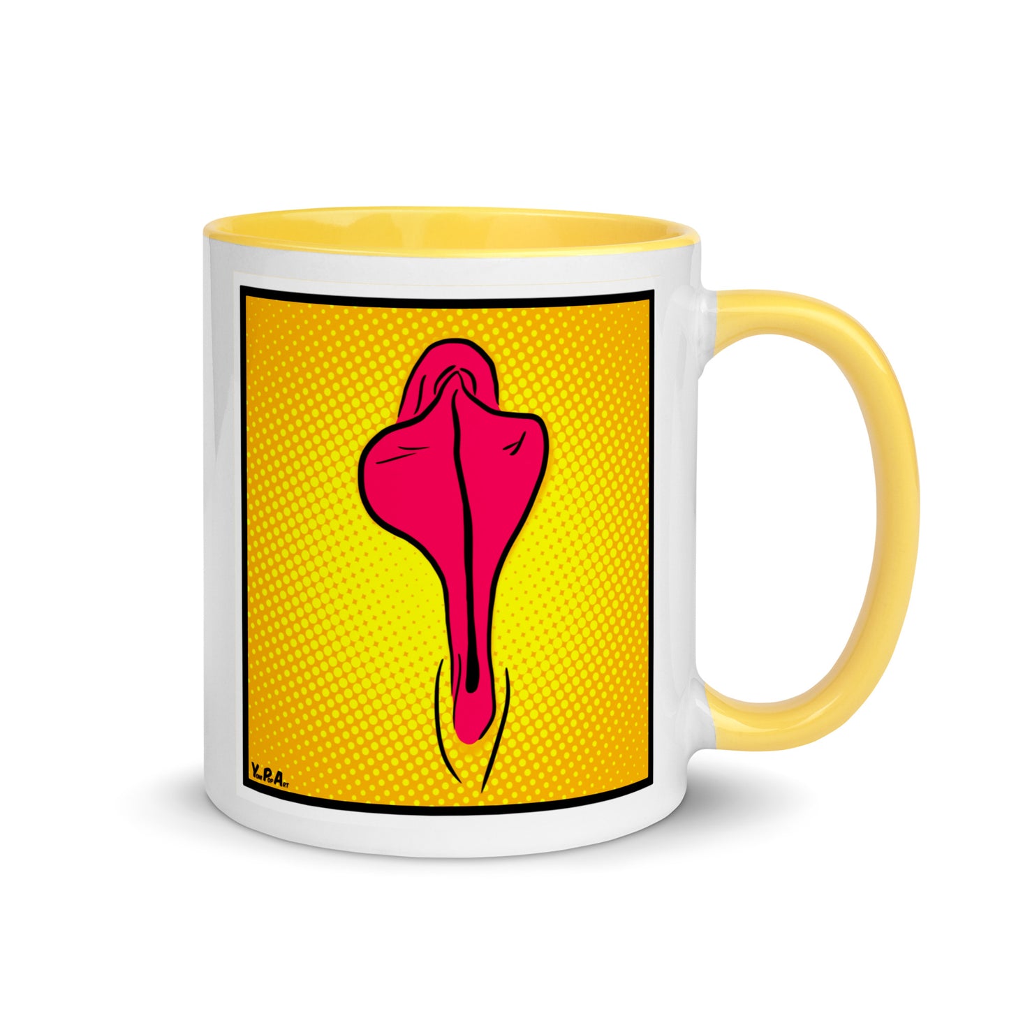 Tasse YoniPopArt "pink flaps on yellow points" mit farbiger Innenseite