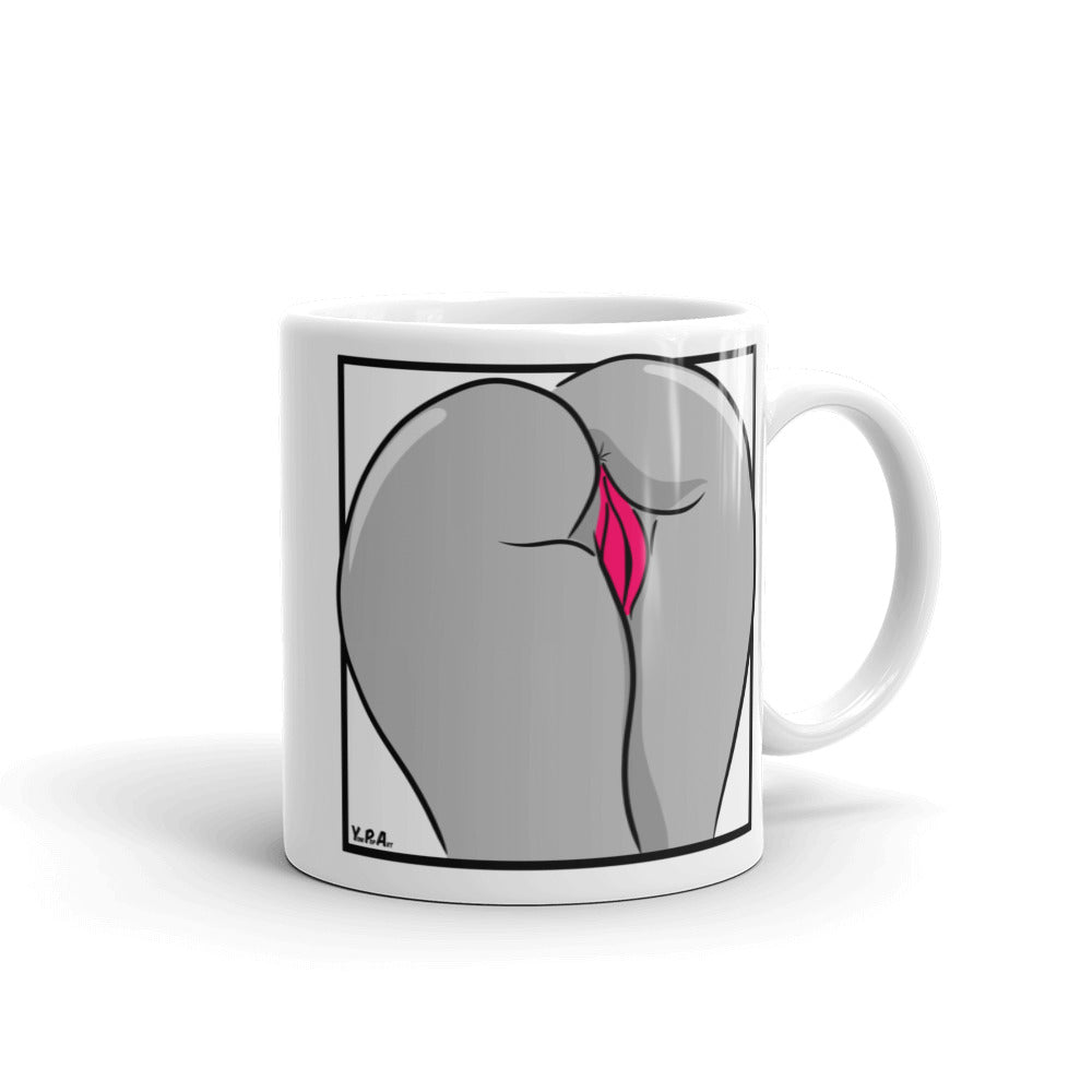 Weiße, glänzende Tasse mit Backside in Schwarz-Weiss-Pink