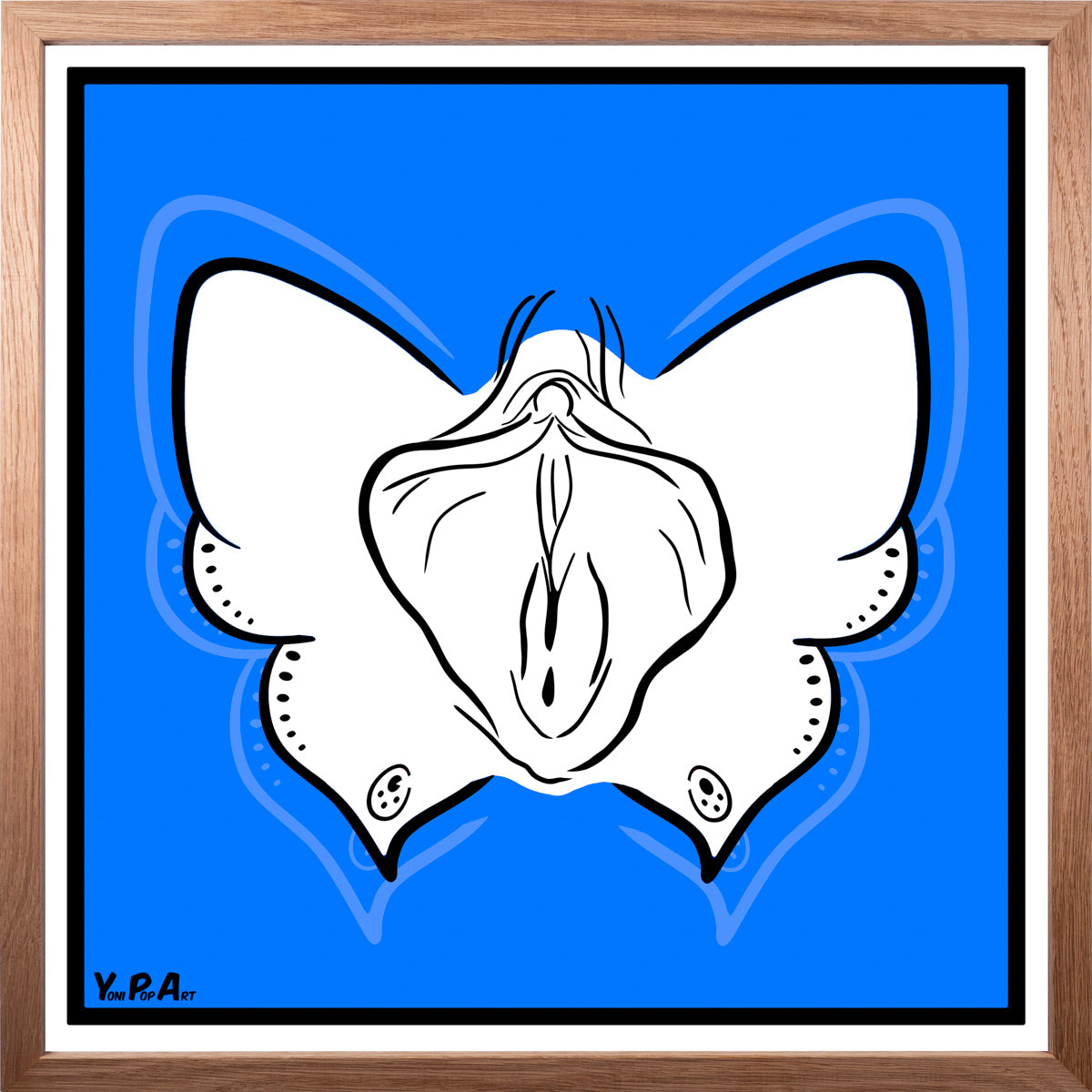 YoniPopArt "Butterfly on blue" inklusive Echtholz-Rahmen