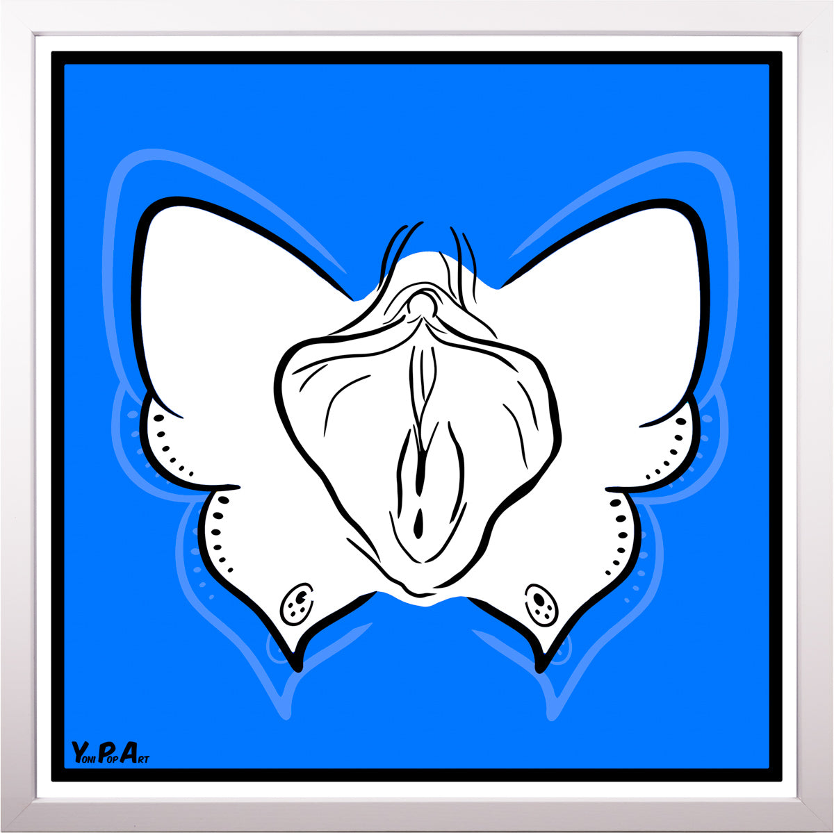 YoniPopArt "Butterfly on blue" inklusive Echtholz-Rahmen
