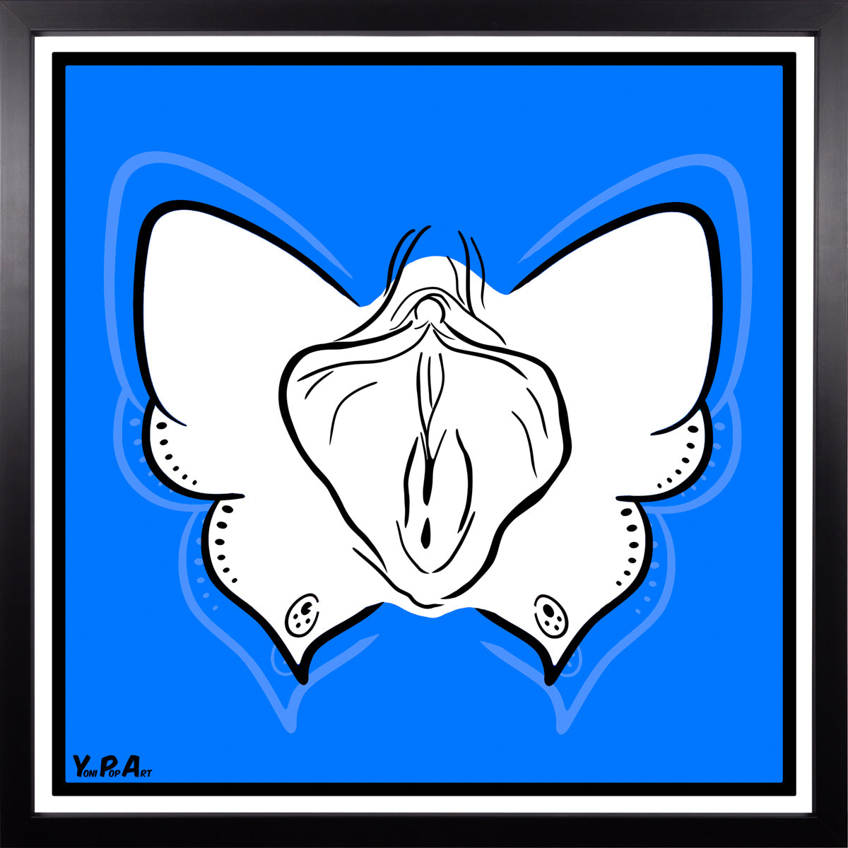 YoniPopArt "Butterfly on blue" inklusive Echtholz-Rahmen
