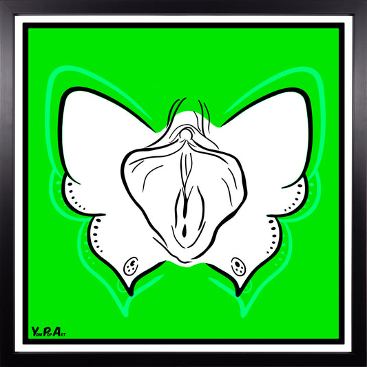 YoniPopArt "Butterfly on green" inklusive Echtholz-Rahmen