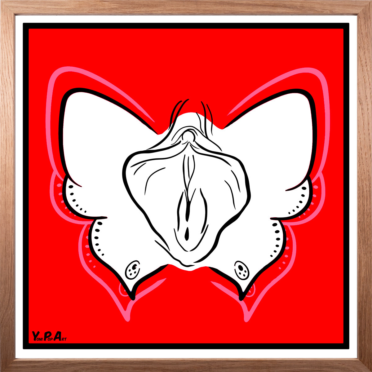 YoniPopArt "Butterfly on red" inklusive Echtholz-Rahmen