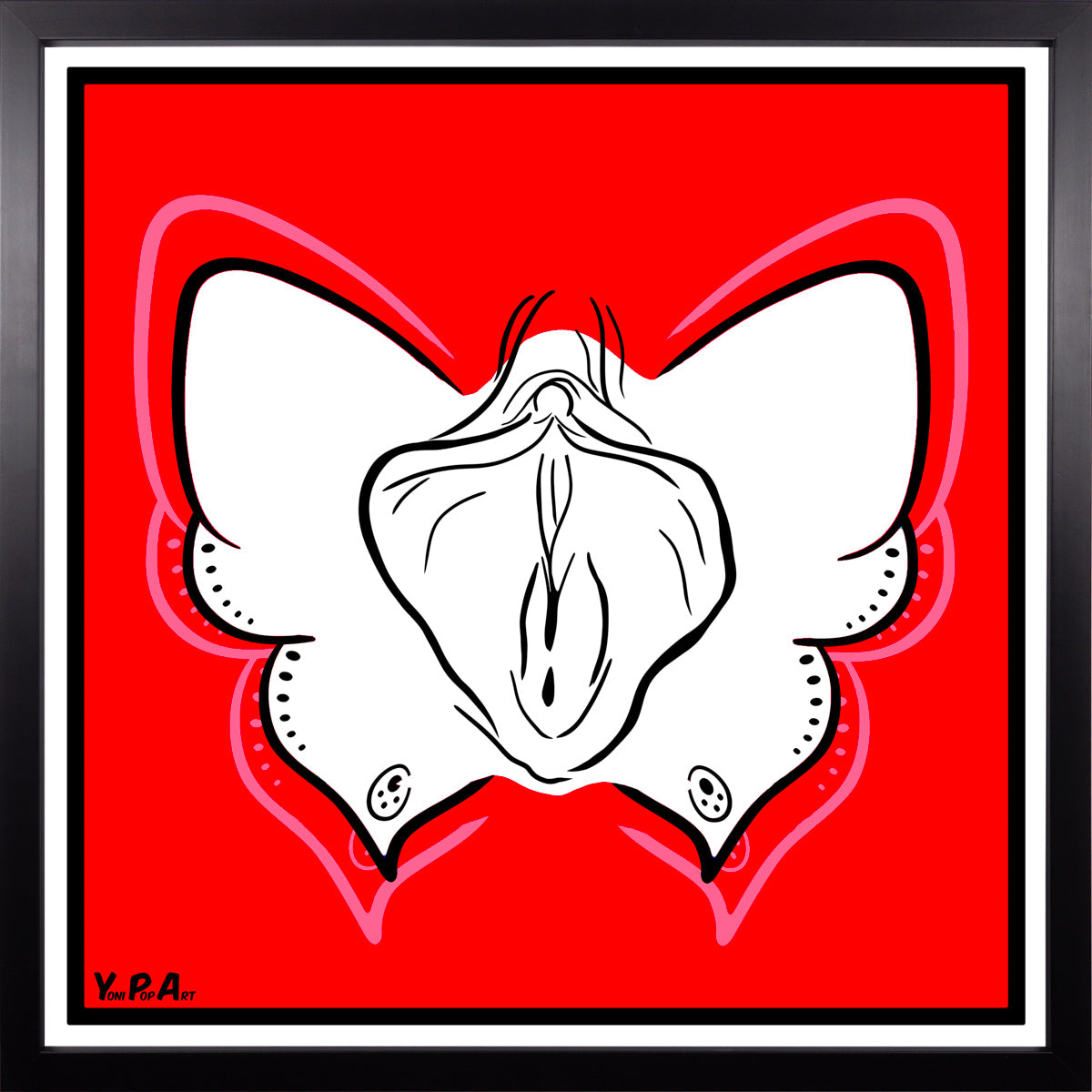 YoniPopArt "Butterfly on red" inklusive Echtholz-Rahmen