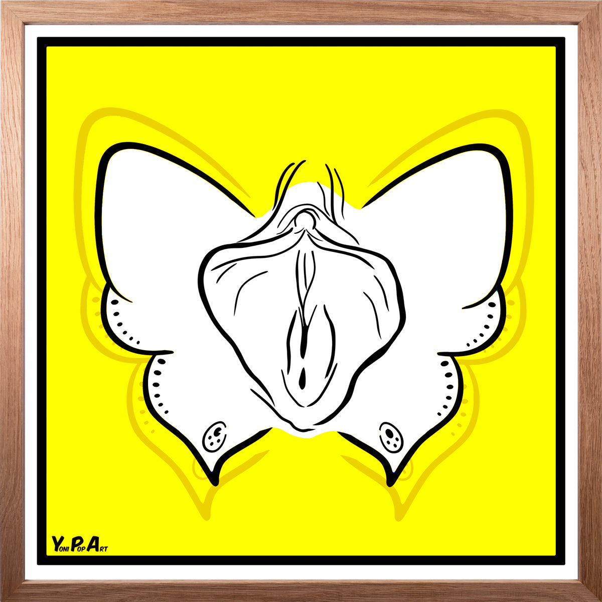 YoniPopArt "Butterfly on yellow" inklusive Echtholz-Rahmen
