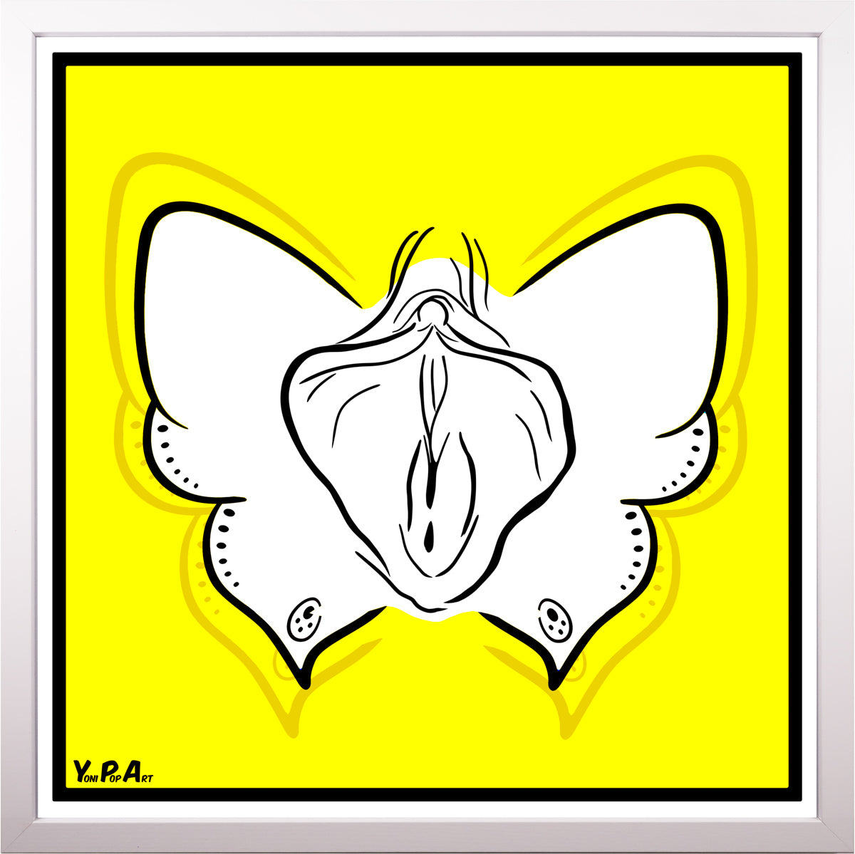 YoniPopArt "Butterfly on yellow" inklusive Echtholz-Rahmen