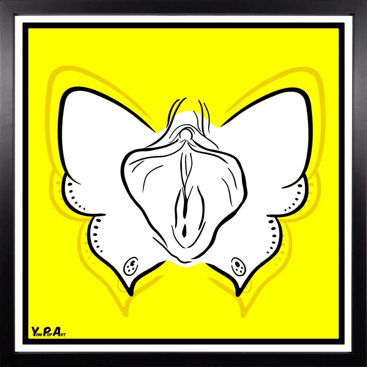 YoniPopArt "Butterfly on yellow" inklusive Echtholz-Rahmen