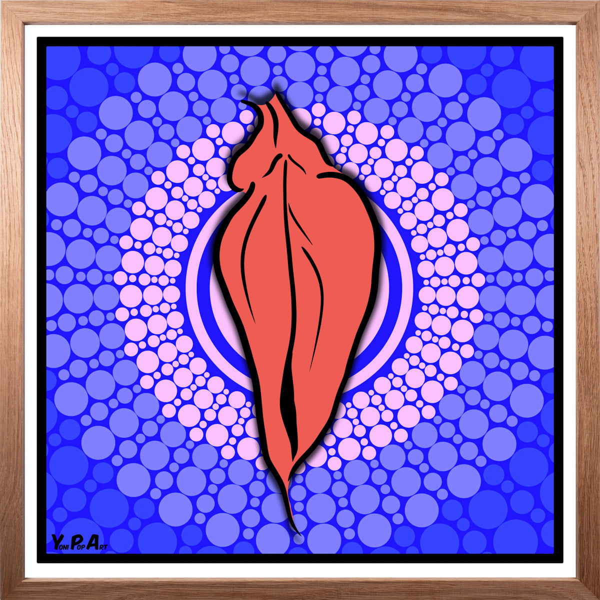 YoniPopArt "Pink flaps on blue points 3" inklusive Echtholz-Rahmen