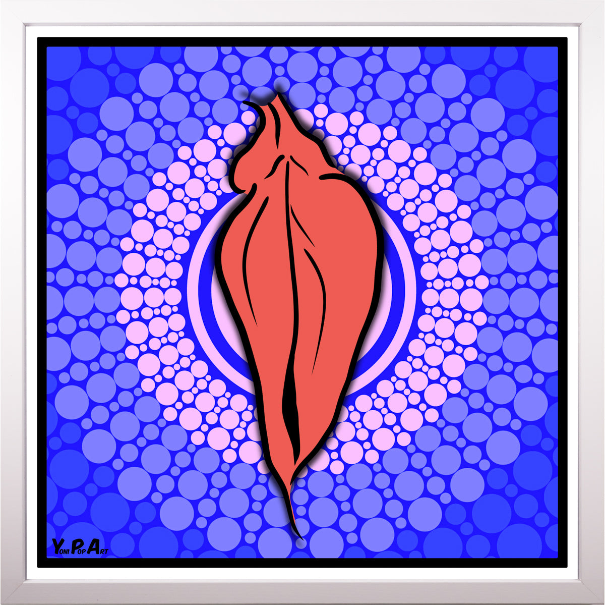 YoniPopArt "Pink flaps on blue points 3" inklusive Echtholz-Rahmen