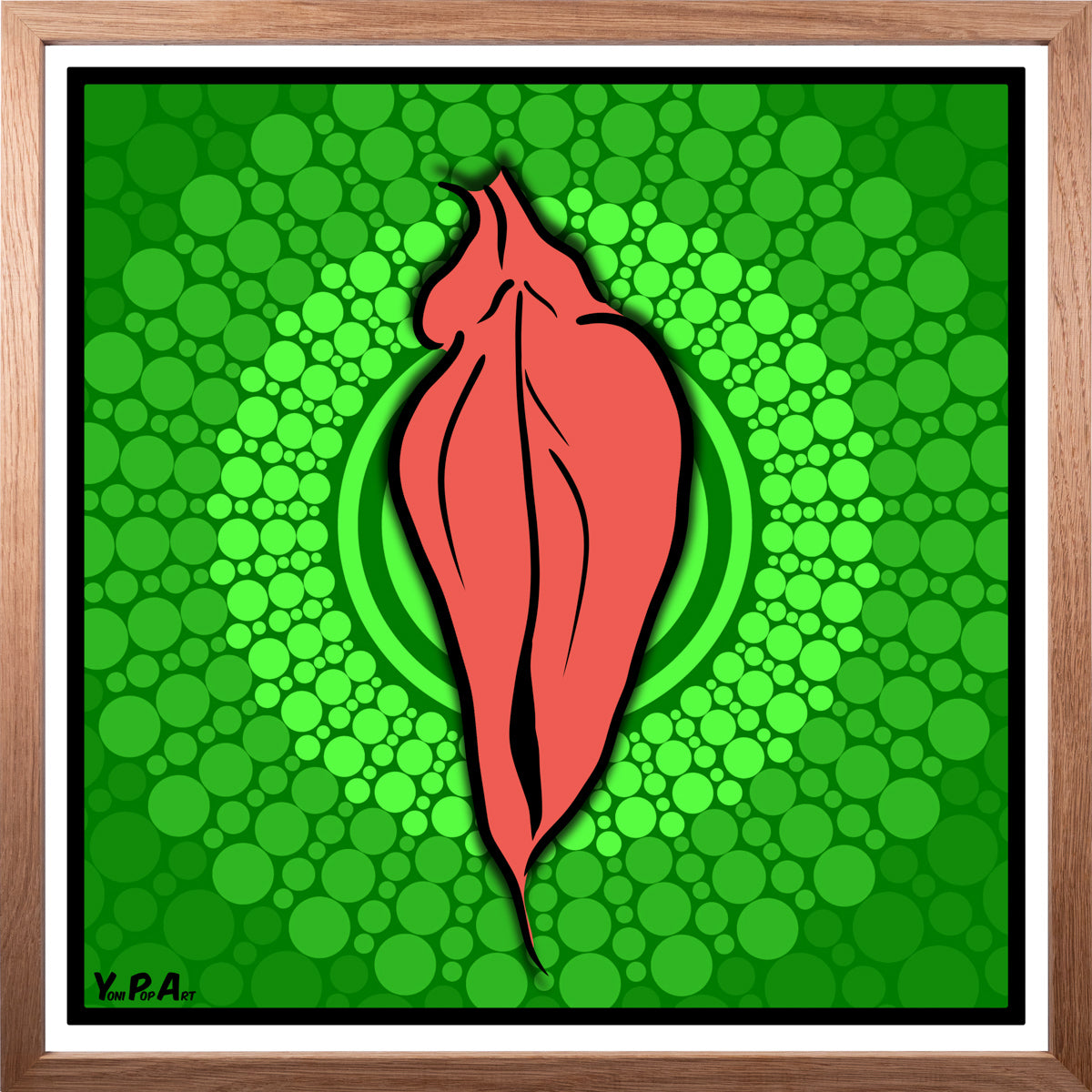 YoniPopArt "Pink flaps on green points 3" inklusive Echtholz-Rahmen